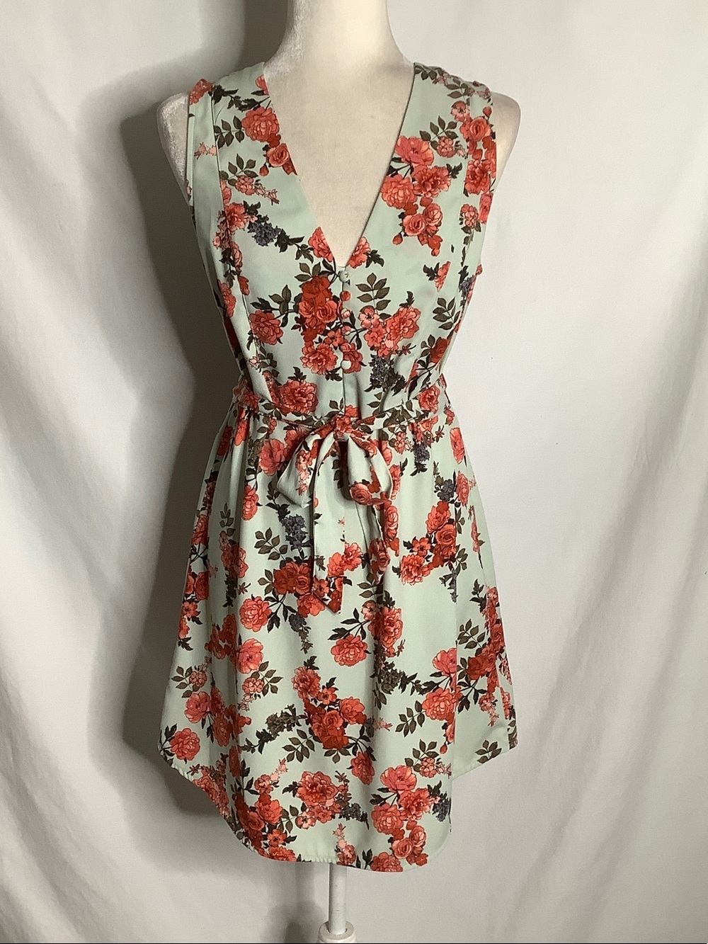 Sleeveless Mint Green Floral Dress with Coral Roses Size S